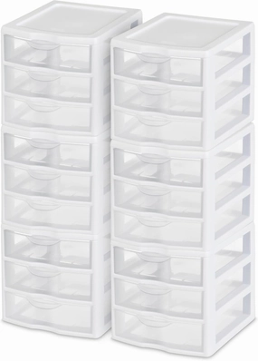 Sterilite 6-Pack Plastic Storage Drawer, 3 Small Organizer Drawers, ClearView, White