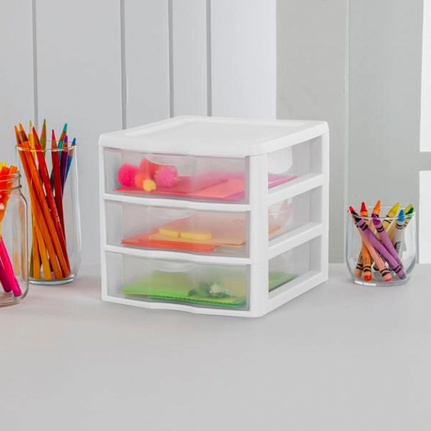 Sterilite 6-Pack Plastic Storage Drawer, 3 Small Organizer Drawers, ClearView, White