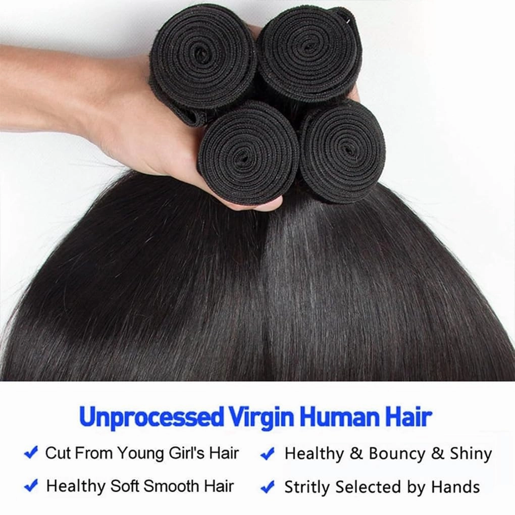 Straight Human Hair Bundles 16 18 20 22 Inch 100% Unprocessed Brazilian Virgin Hair 4 Bundles Real Human Hair Extensions Quick Weave for Women Natural Black