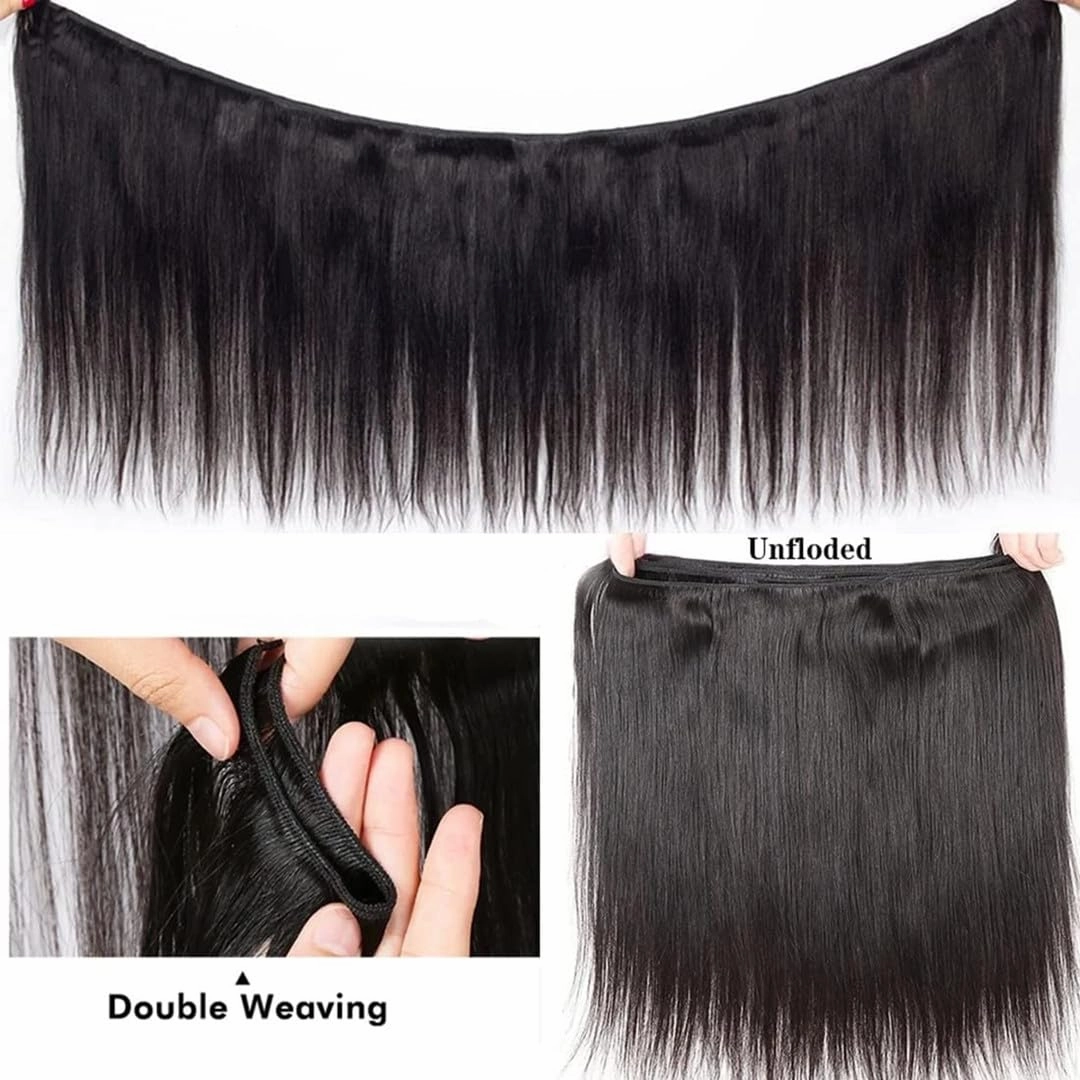 Straight Human Hair Bundles 16 18 20 22 Inch 100% Unprocessed Brazilian Virgin Hair 4 Bundles Real Human Hair Extensions Quick Weave for Women Natural Black