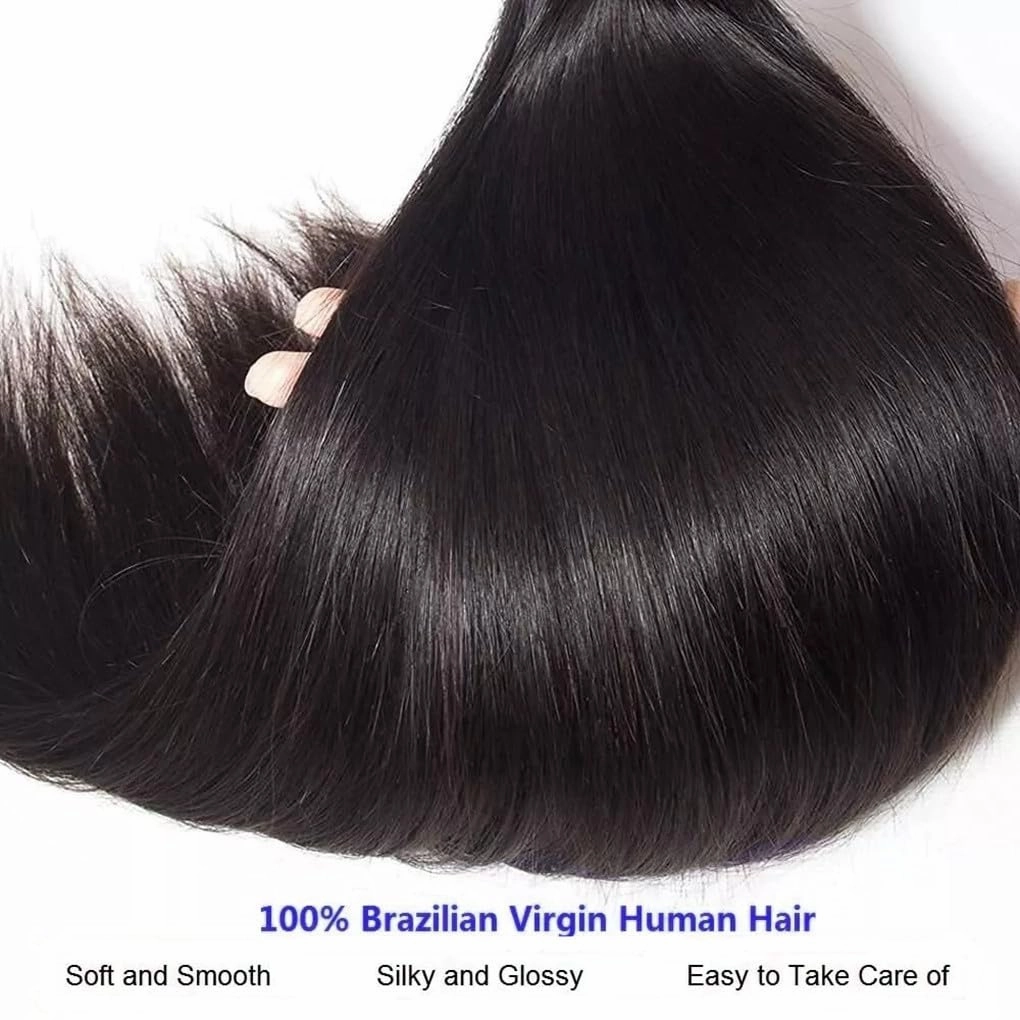 Straight Human Hair Bundles 16 18 20 22 Inch 100% Unprocessed Brazilian Virgin Hair 4 Bundles Real Human Hair Extensions Quick Weave for Women Natural Black