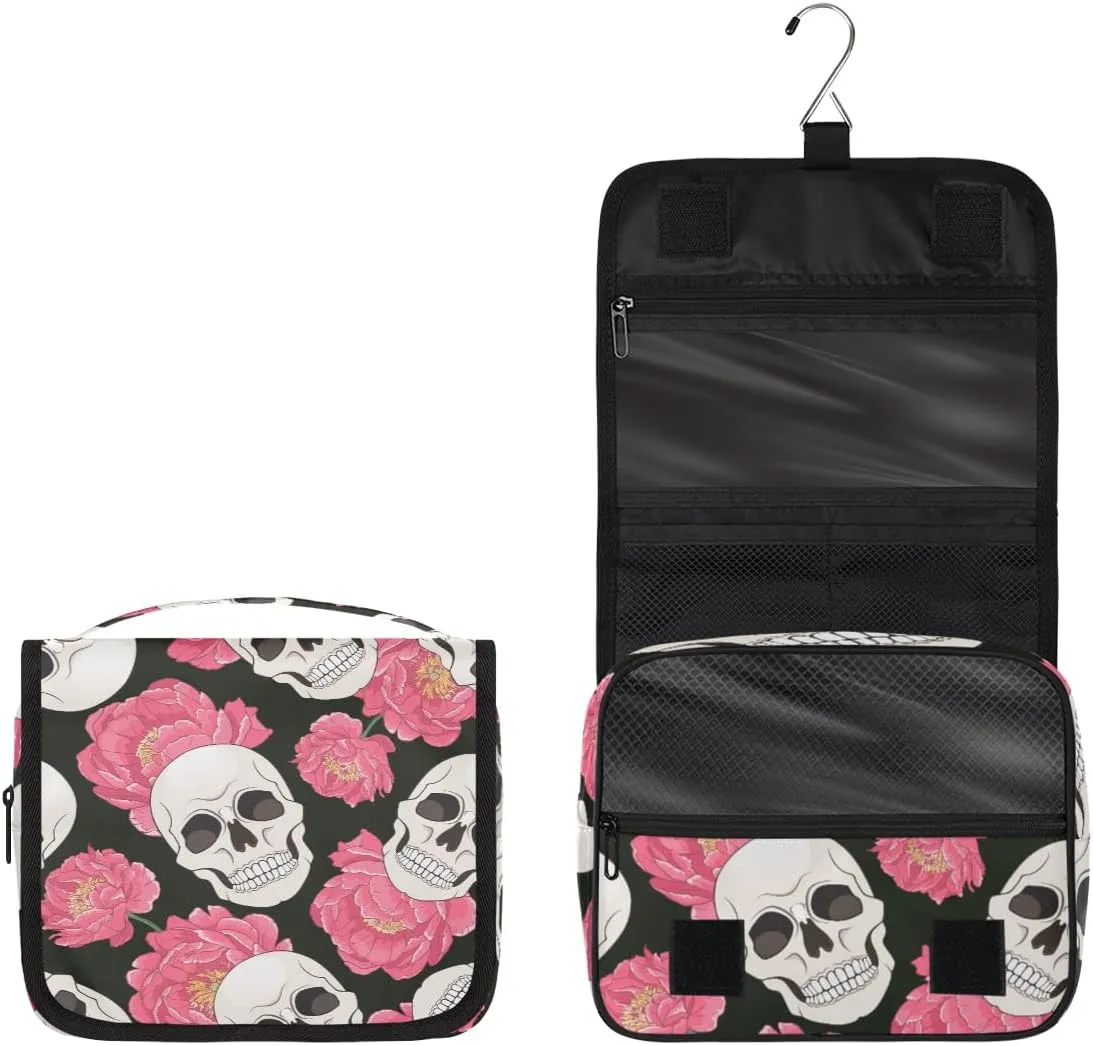 Sugar Skull Flower Floral Toiletry Bag with Hanging Hook Travel Organizer Makeup Bag for Women Waterproof Accessories Toiletries Travel Essentials Personalized Birthday Valentines Day Gifts