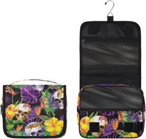 Sugar Skull Tropical Flower Toiletry Bag with Hanging Hook Travel Organizer Makeup Bag for Women Waterproof Accessories Toiletries Travel Essentials Personalized Birthday Valentines Day Gifts