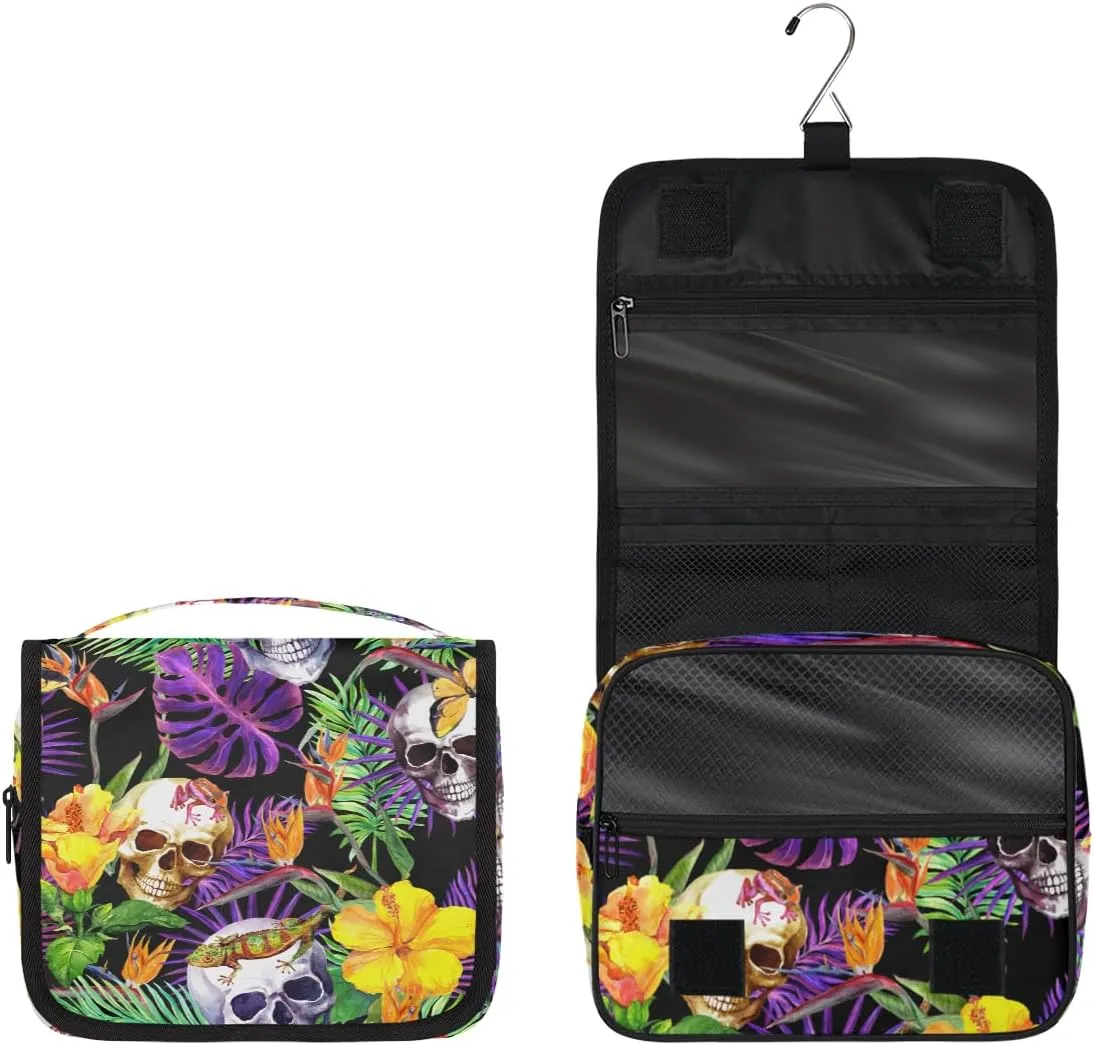 Sugar Skull Tropical Flower Toiletry Bag with Hanging Hook Travel Organizer Makeup Bag for Women Waterproof Accessories Toiletries Travel Essentials Personalized Birthday Valentines Day Gifts