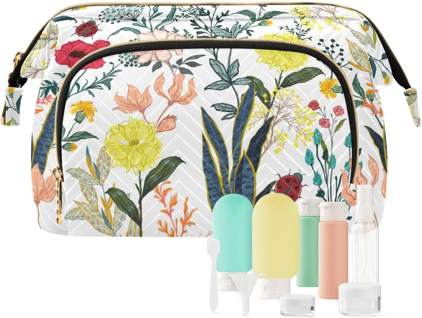 Summer Garden Full of Blooming Flowers in Many Kinds Floral Women Cosmetic Bag Makeup Bag Stylish Trip Beauty Bag Travel Toiletry Bag with Bottle Organizer 10.2 x 5.9 x 6.7 inch