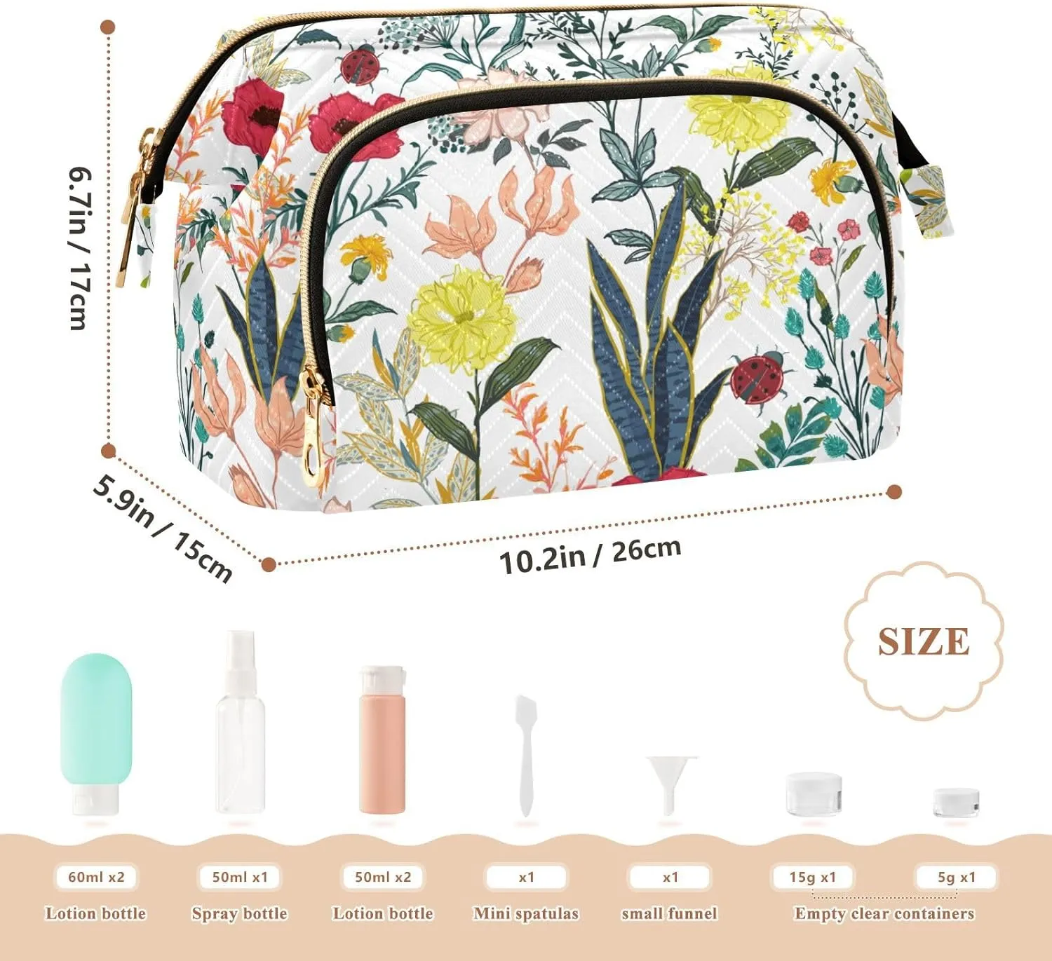 Summer Garden Full of Blooming Flowers in Many Kinds Floral Women Cosmetic Bag Makeup Bag Stylish Trip Beauty Bag Travel Toiletry Bag with Bottle Organizer 10.2 x 5.9 x 6.7 inch