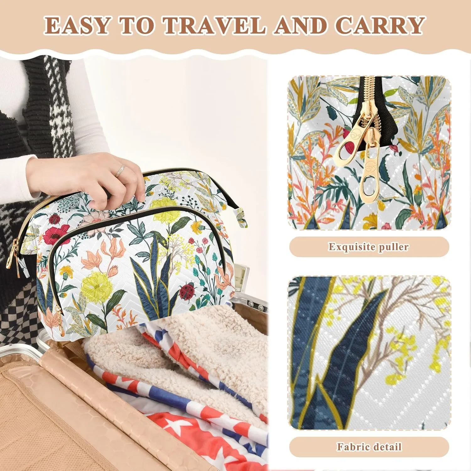 Summer Garden Full of Blooming Flowers in Many Kinds Floral Women Cosmetic Bag Makeup Bag Stylish Trip Beauty Bag Travel Toiletry Bag with Bottle Organizer 10.2 x 5.9 x 6.7 inch