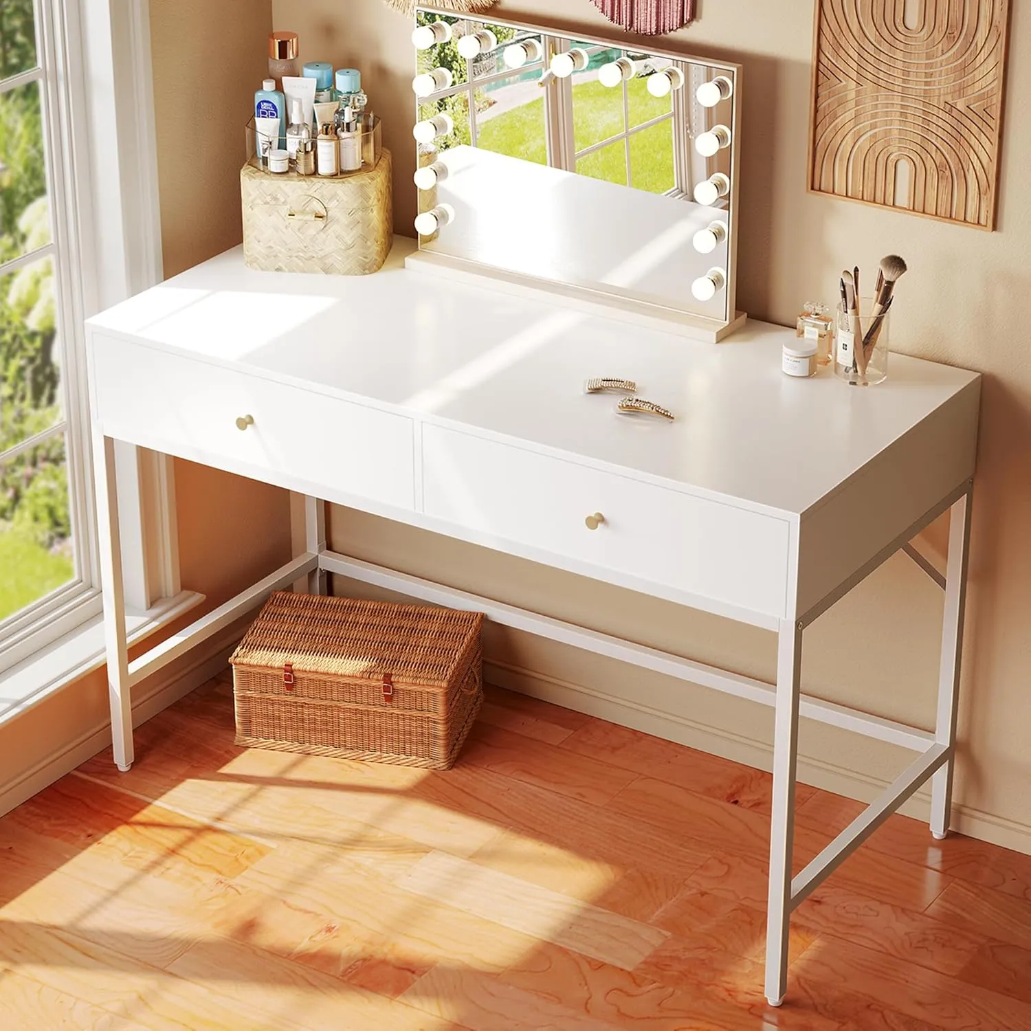 SUPERJARE Vanity Desk with Drawers, 47 inch Computer Desk, Modern Simple Home Office Desks, Makeup Dressing Table for Bedroom - White