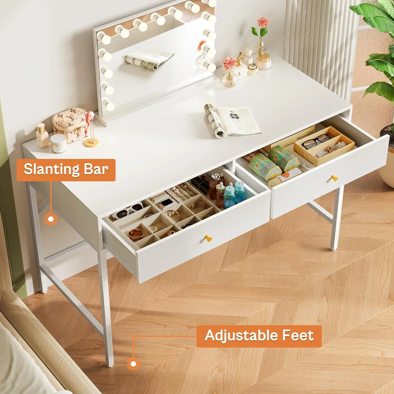 SUPERJARE Vanity Desk with Drawers, 47 inch Computer Desk, Modern Simple Home Office Desks, Makeup Dressing Table for Bedroom - White