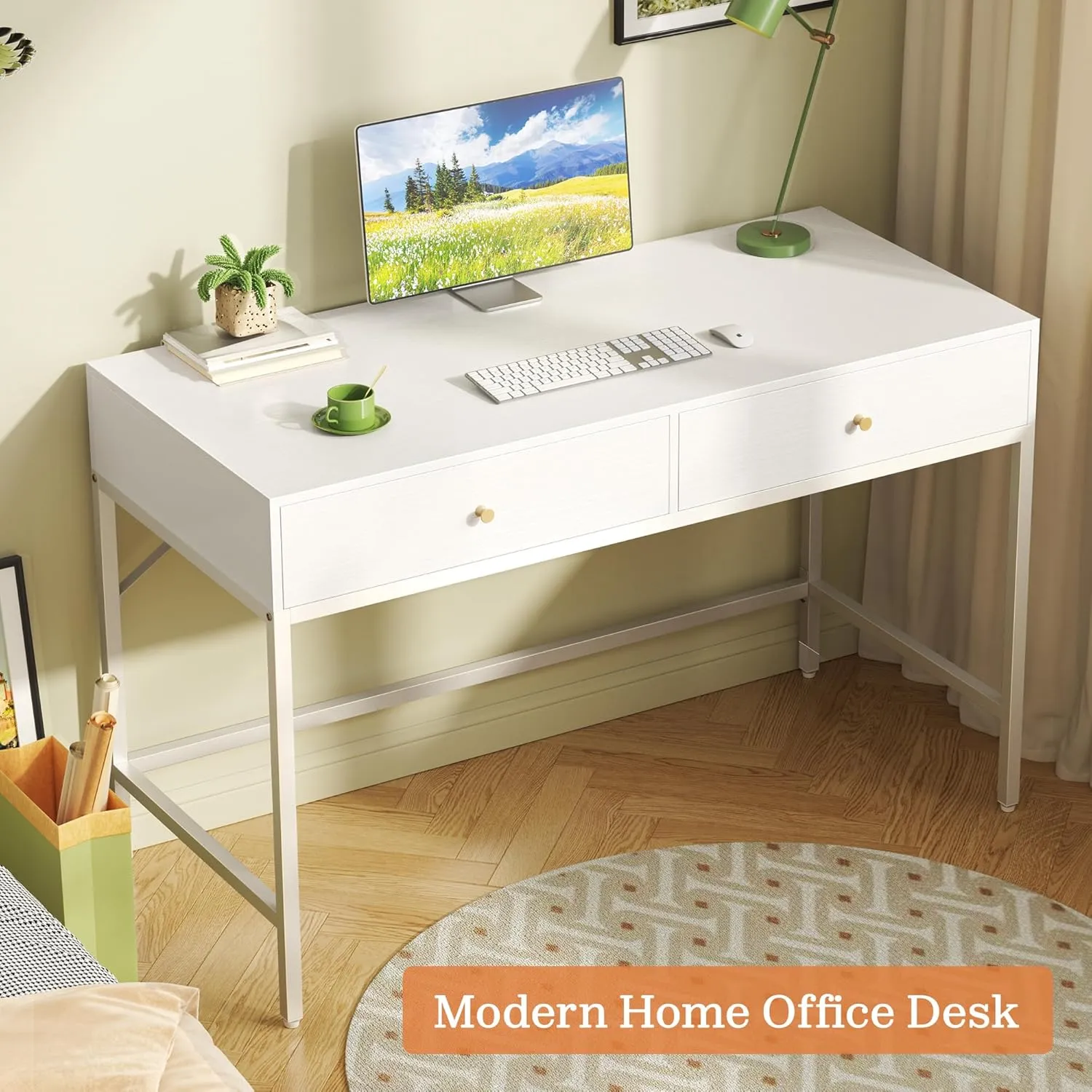 SUPERJARE Vanity Desk with Drawers, 47 inch Computer Desk, Modern Simple Home Office Desks, Makeup Dressing Table for Bedroom - White