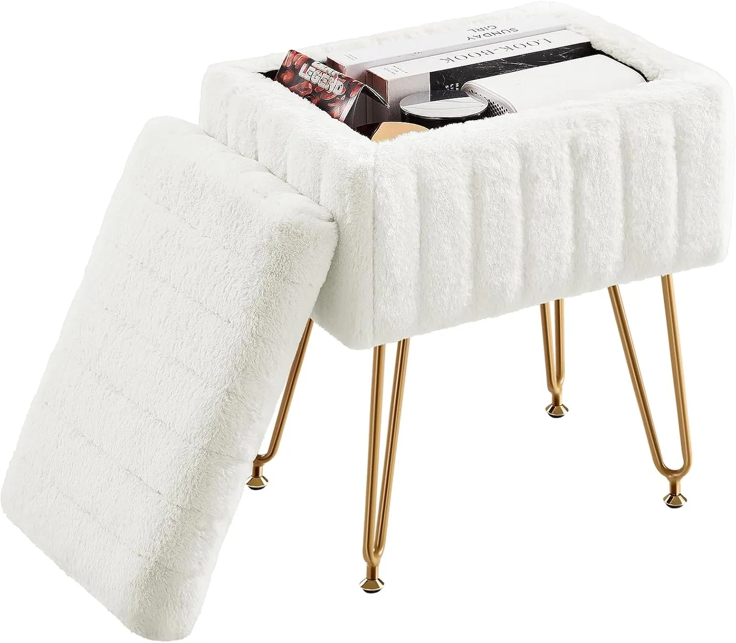 Sweetcrispy Vanity Stool Chair with Storage, Ottoman Faux Fur Soft Padded Makeup Footstools Seat with 4 Metal Legs Anti-Slip Adjustable Feet for Home Entryway Bedroom, White