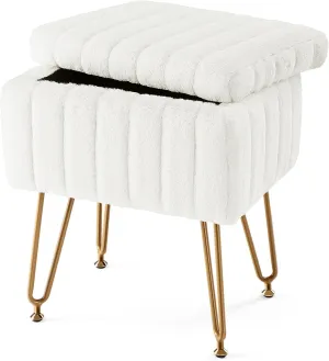 Sweetcrispy Vanity Stool Chair with Storage, Ottoman Faux Fur Soft Padded Makeup Footstools Seat with 4 Metal Legs Anti-Slip Adjustable Feet for Home Entryway Bedroom, White