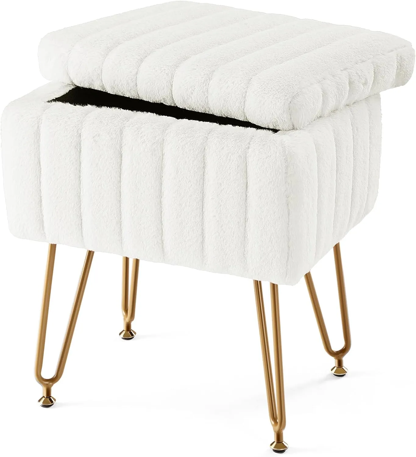 Sweetcrispy Vanity Stool Chair with Storage, Ottoman Faux Fur Soft Padded Makeup Footstools Seat with 4 Metal Legs Anti-Slip Adjustable Feet for Home Entryway Bedroom, White