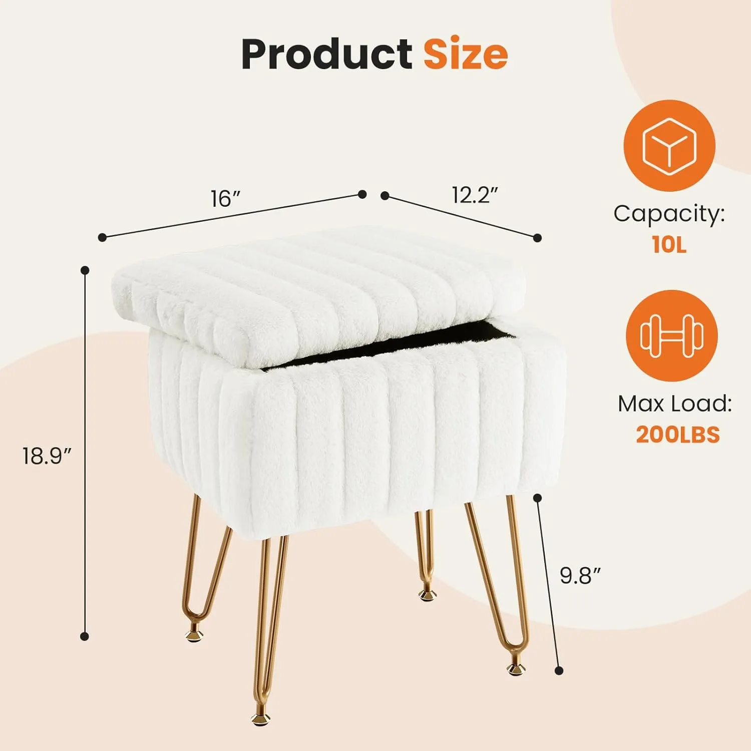 Sweetcrispy Vanity Stool Chair with Storage, Ottoman Faux Fur Soft Padded Makeup Footstools Seat with 4 Metal Legs Anti-Slip Adjustable Feet for Home Entryway Bedroom, White