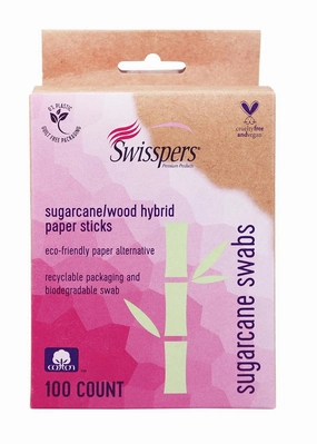Swisspers Sugarcane/Wood Stick Hybrid Swab, 100% Cotton Tips, Biodegradable and Compostable, 100 per Pack, 6 Packs