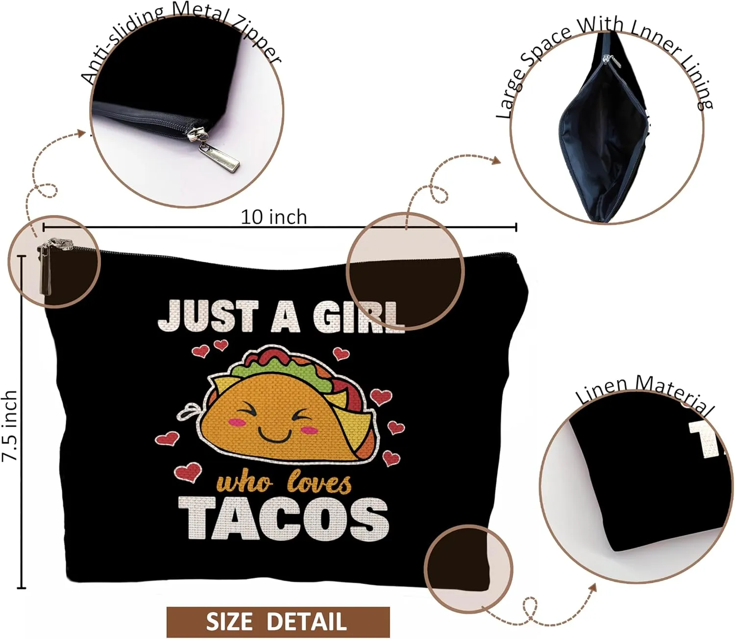 Taco Gifts for Lovers, Makeup Bag, Food Cosmetic Bag With Zipper, Just A Girl Who Loves Tacos, Birthday Gifts