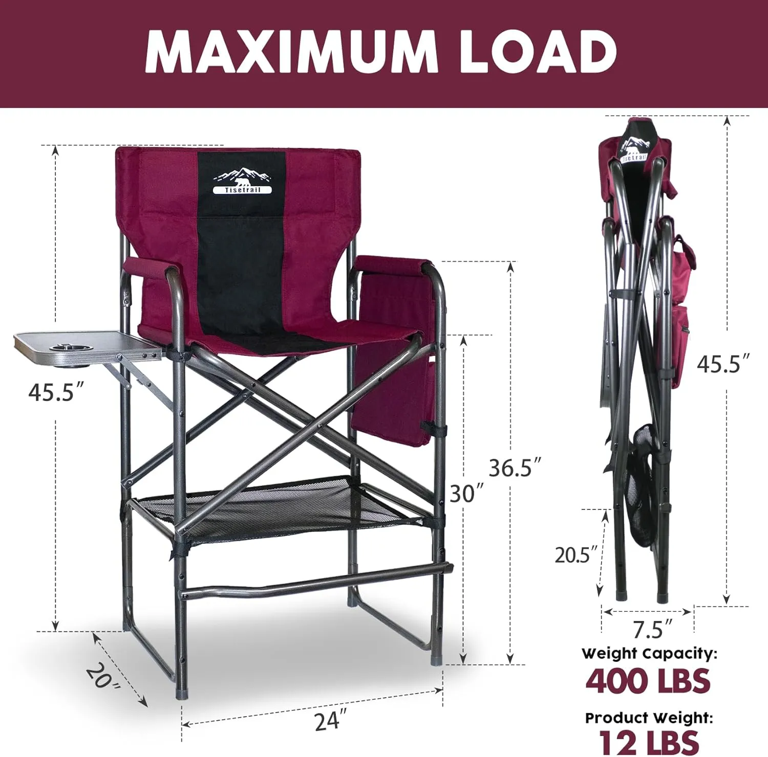 Tall Directors Chair 30" Seat Height, Bar Height Folding Chair with Side Table, Foldable Camping Chair with Side Pocket for Makeup Artist, Sports Event, Supports 400LBS - Wine Red/Black