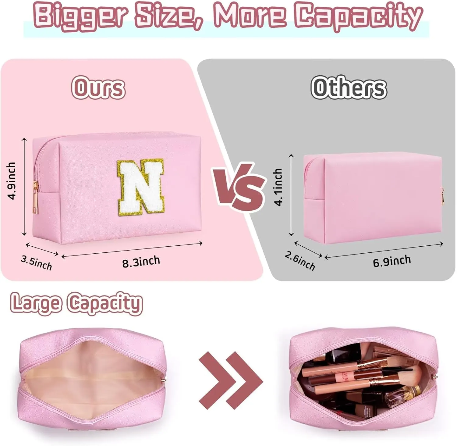 TOPEAST Initial Makeup Bag, Birthday Gifts for 4 5 6 7 8 9 10 11 12 Year Old Girls, Personalized Preppy Cosmetic Bag | Leather Toiletry Bag | Gifts for Teen Girls Kids (Pink E)