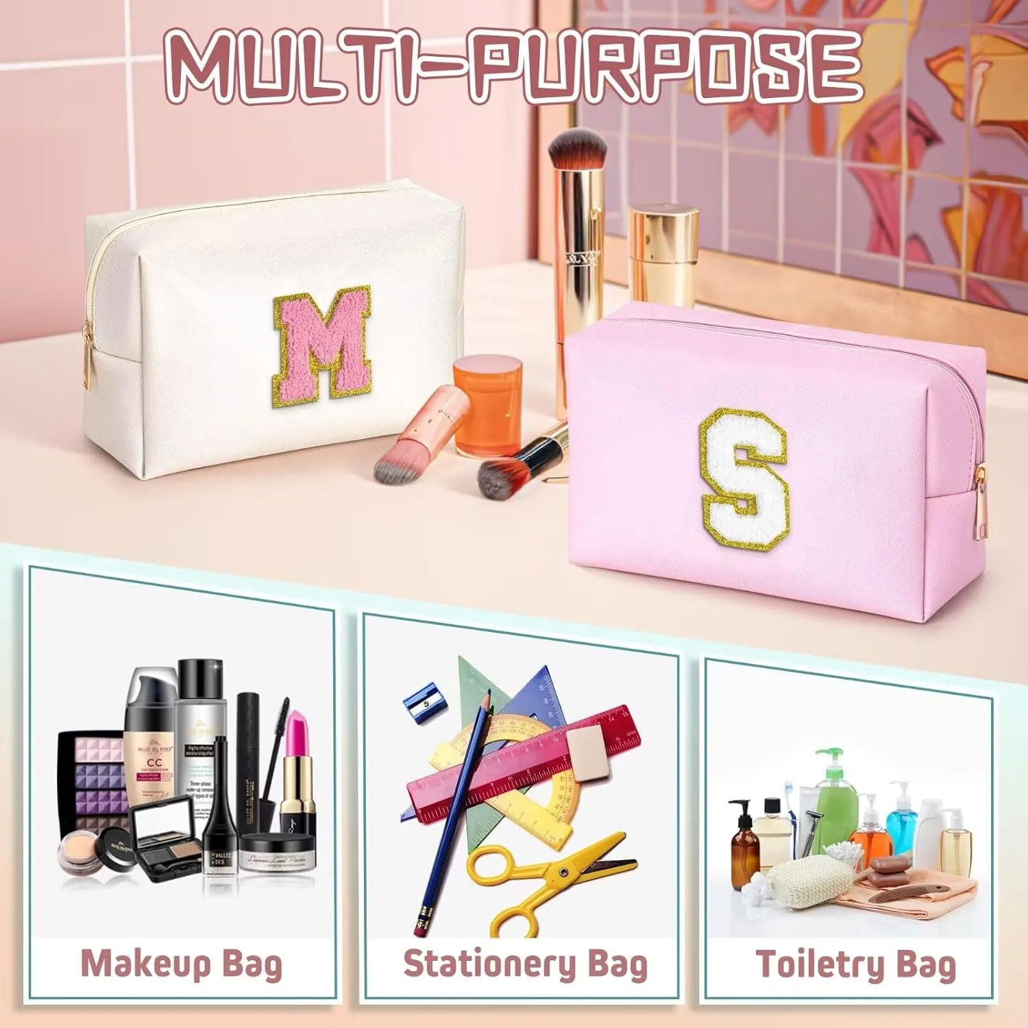 TOPEAST Initial Makeup Bag, Birthday Gifts for 4 5 6 7 8 9 10 11 12 Year Old Girls, Personalized Preppy Cosmetic Bag | Leather Toiletry Bag | Gifts for Teen Girls Kids (Pink E)