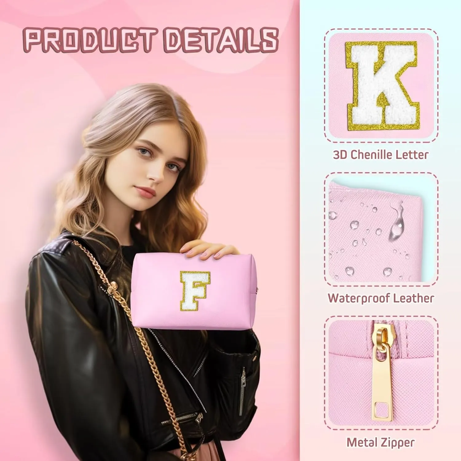 TOPEAST Initial Makeup Bag, Birthday Gifts for 4 5 6 7 8 9 10 11 12 Year Old Girls, Personalized Preppy Cosmetic Bag | Leather Toiletry Bag | Gifts for Teen Girls Kids (Pink E)