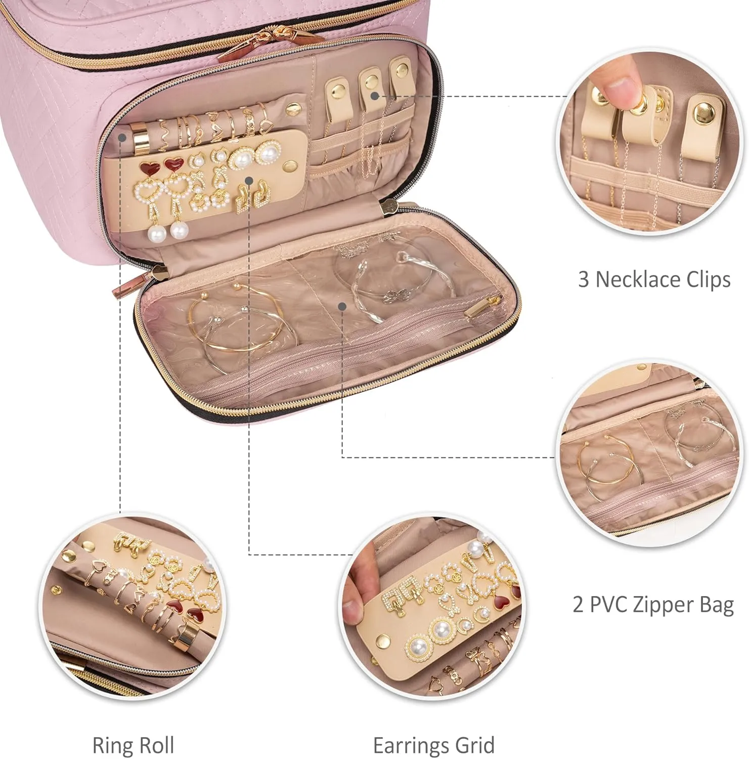 Travel Cosmetic Organizer Bag - Large Makeup Case with Jewelry Storage, Waterproof Toiletry Box for Cosmetics, Brushes, and Tools, Pink