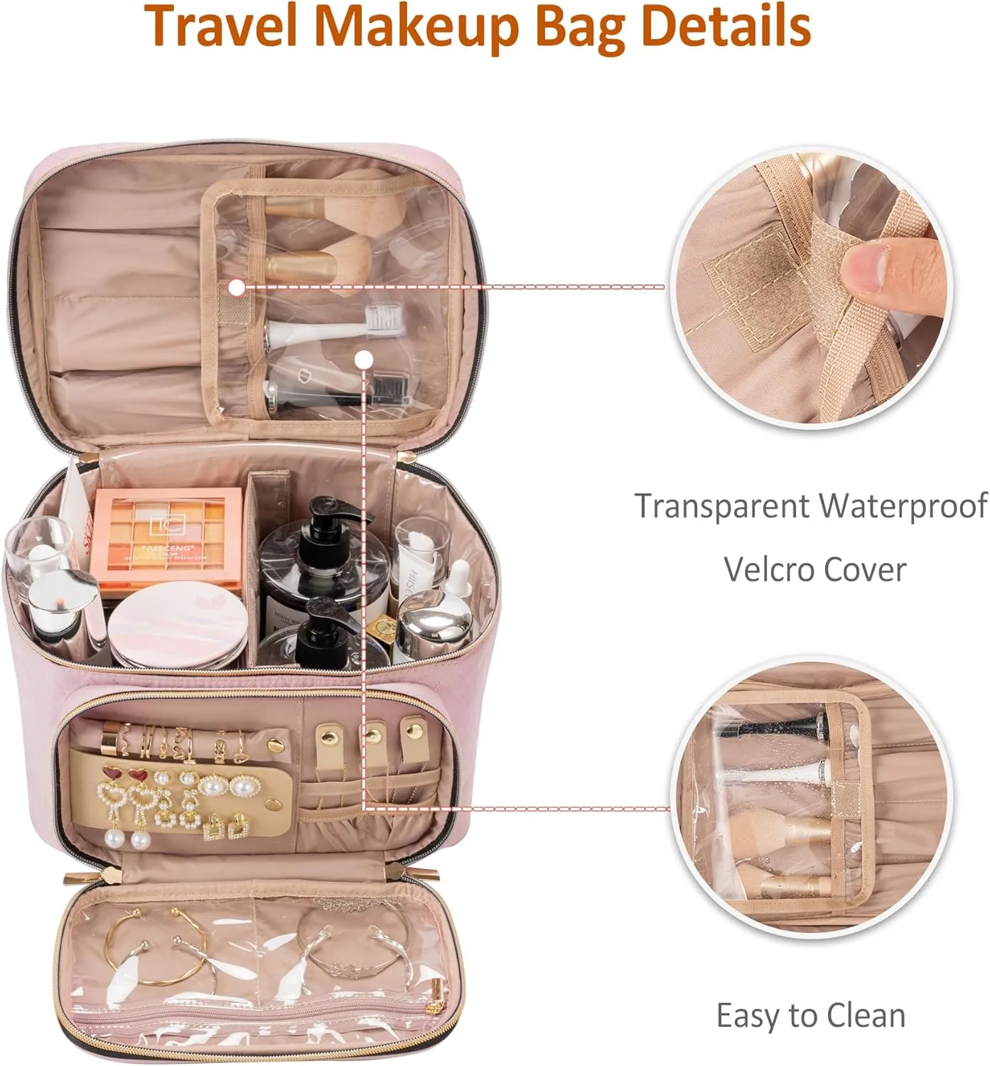 Travel Cosmetic Organizer Bag - Large Makeup Case with Jewelry Storage, Waterproof Toiletry Box for Cosmetics, Brushes, and Tools, Pink