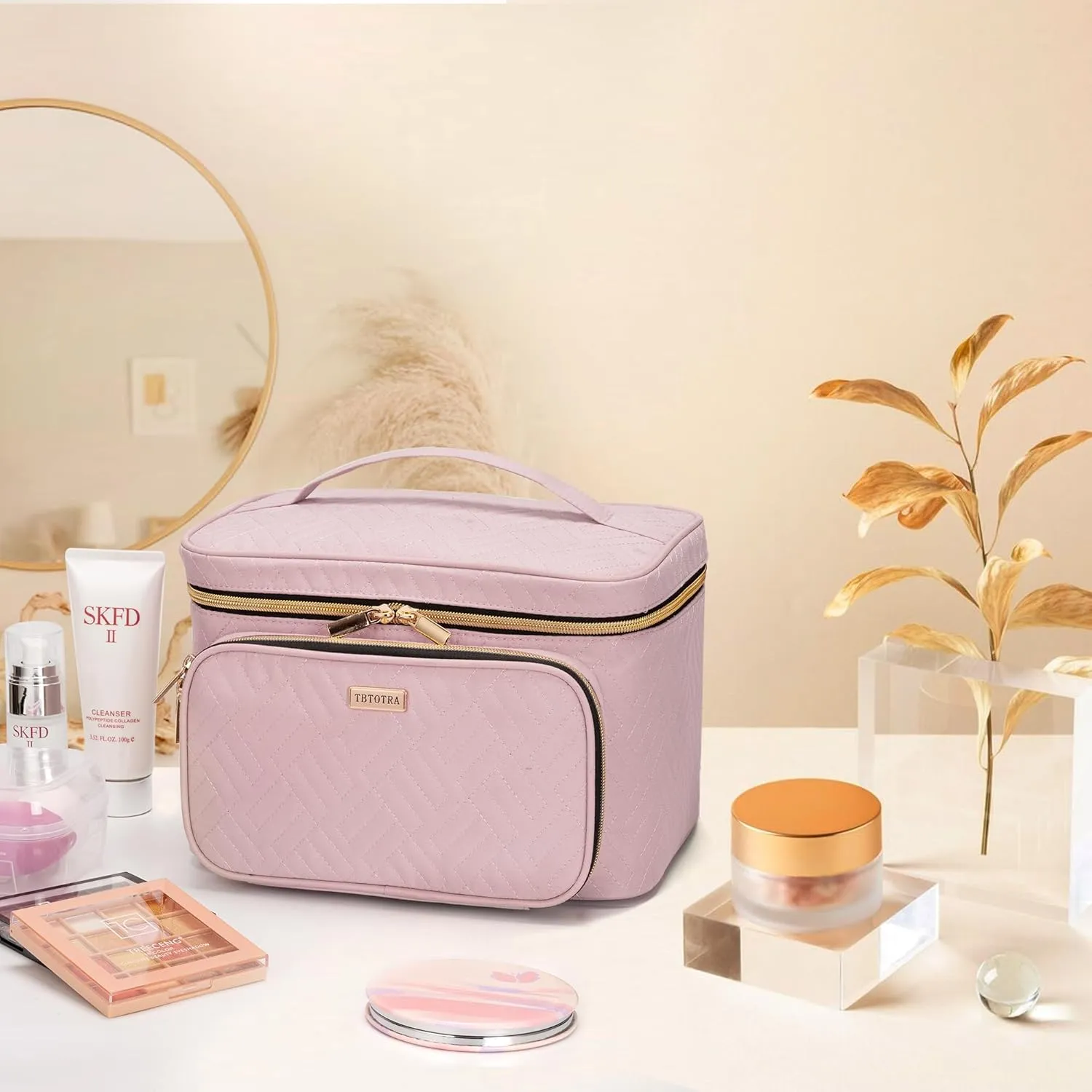 Travel Cosmetic Organizer Bag - Large Makeup Case with Jewelry Storage, Waterproof Toiletry Box for Cosmetics, Brushes, and Tools, Pink