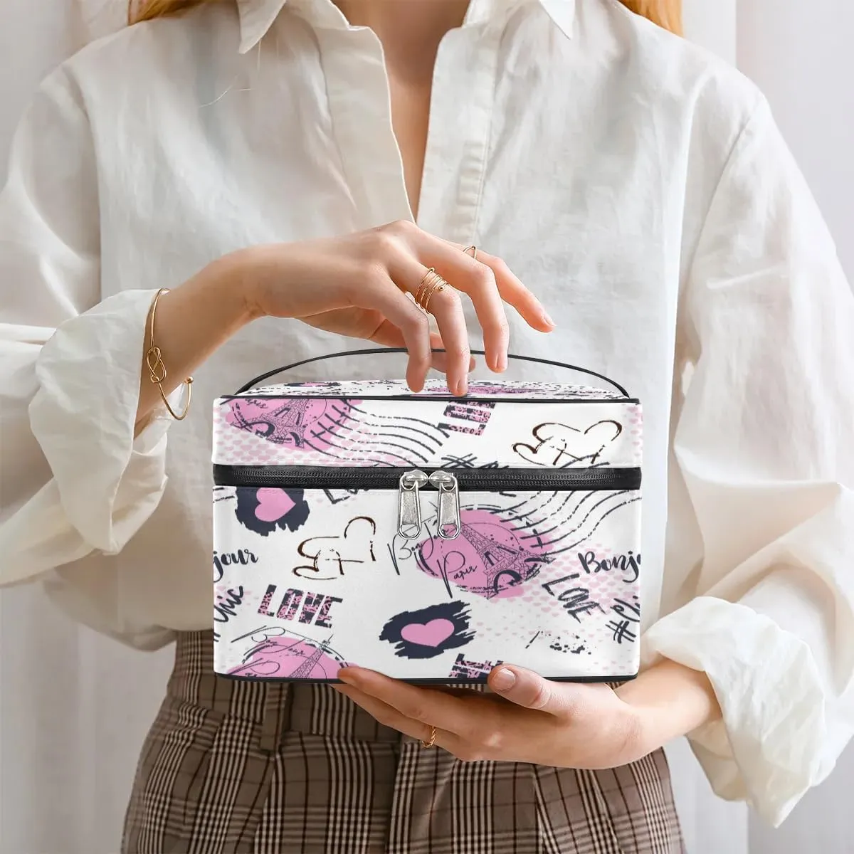 Travel Makeup Bag, Eiffel Tower Paris Cosmetic Bag for Women Girls, Portable Large Toiletry Bag Case Organizer for Toiletries Accessories Brushes