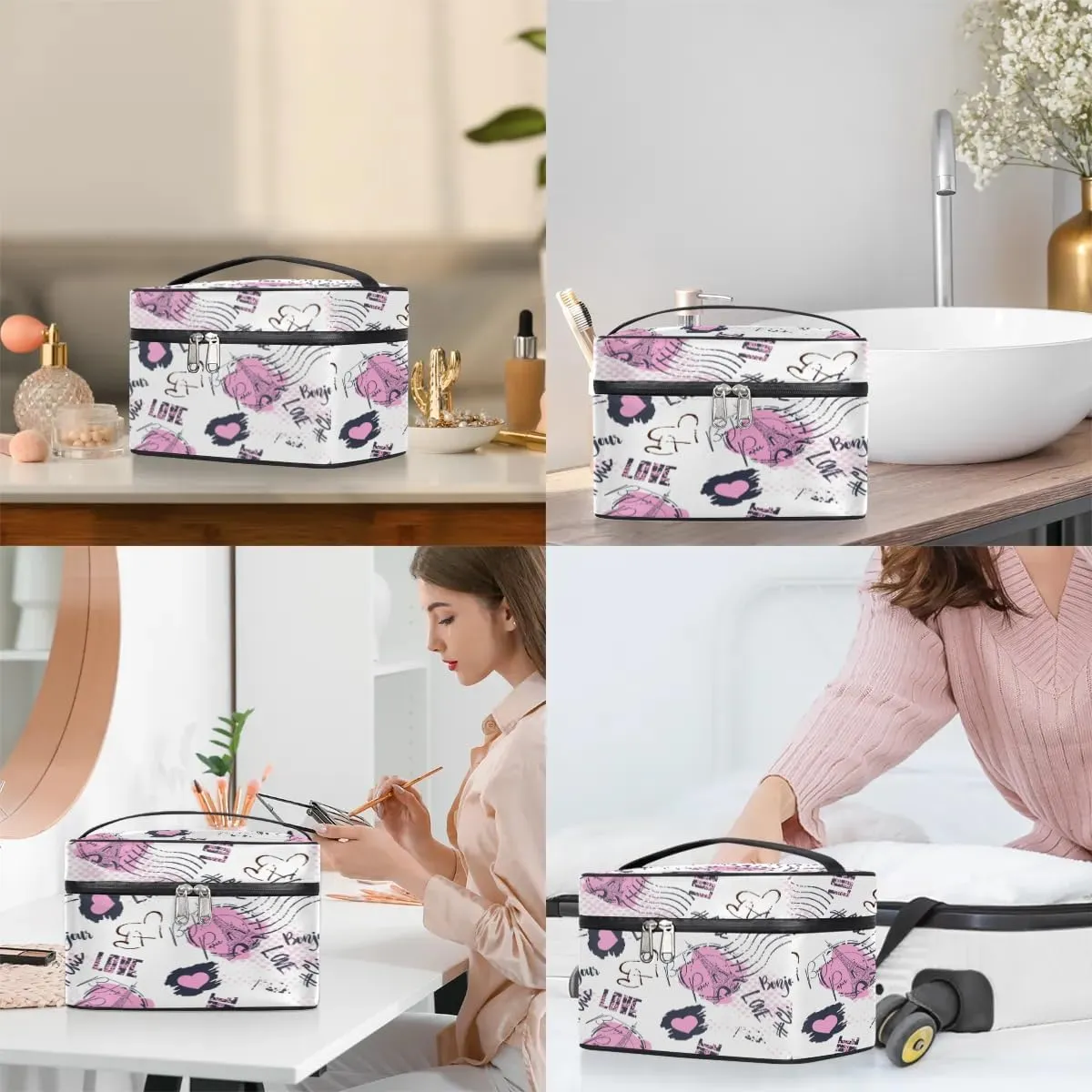 Travel Makeup Bag, Eiffel Tower Paris Cosmetic Bag for Women Girls, Portable Large Toiletry Bag Case Organizer for Toiletries Accessories Brushes