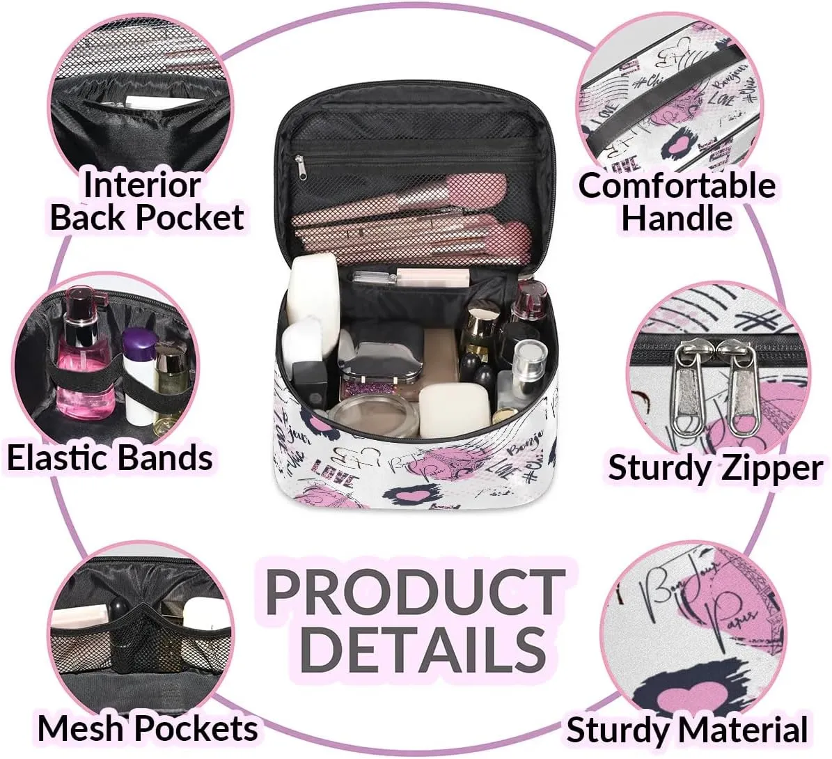 Travel Makeup Bag, Eiffel Tower Paris Cosmetic Bag for Women Girls, Portable Large Toiletry Bag Case Organizer for Toiletries Accessories Brushes