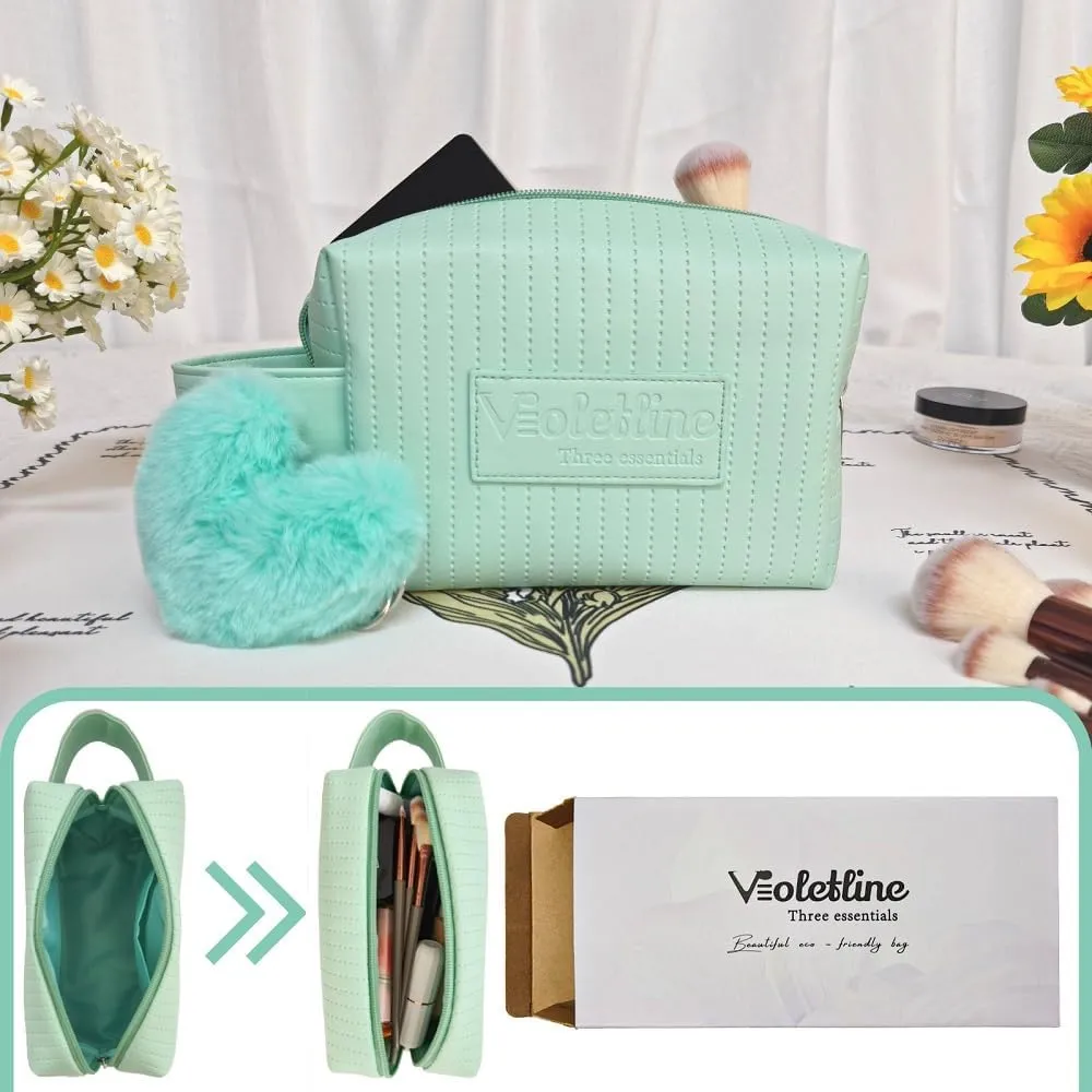 Travel Makeup Bag, Large Capacity Cosmetic Bag for Women, Water resistant Portable Pouch Open Flat Toiletry Bag Makeup Organizer with Handle (Green)