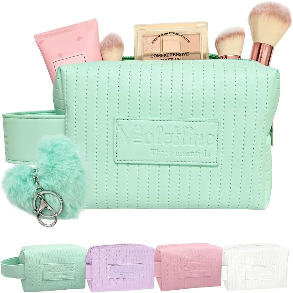 Travel Makeup Bag, Large Capacity Cosmetic Bag for Women, Water resistant Portable Pouch Open Flat Toiletry Bag Makeup Organizer with Handle (Green)