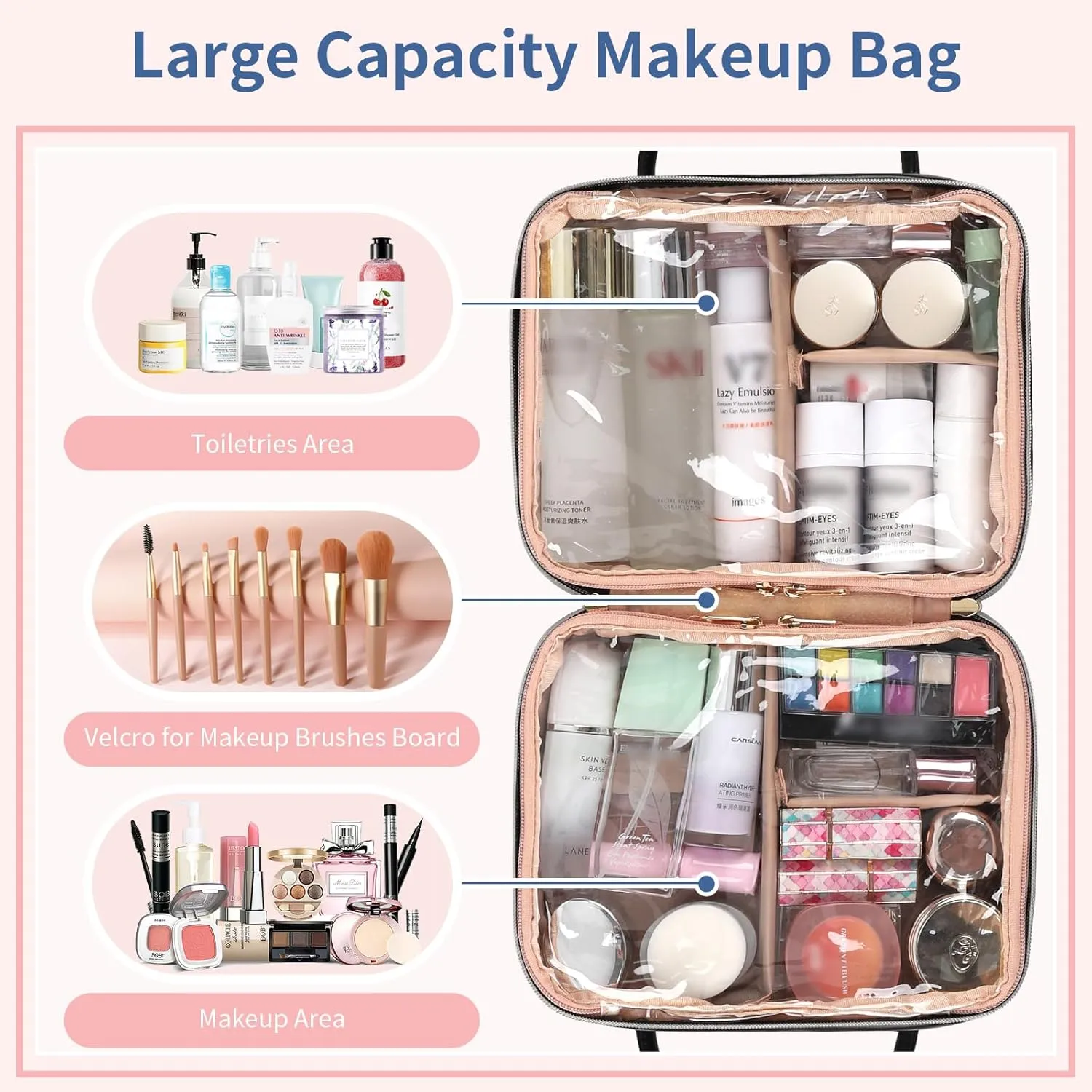 Travel Makeup Bag, Large Capacity Cosmetic Bag, Portable Make Up Bag Organizer for Women, Waterproof Cosmetic Travel Bag with Dividers and Brush Compartment for Cosmetics & Toiletries
