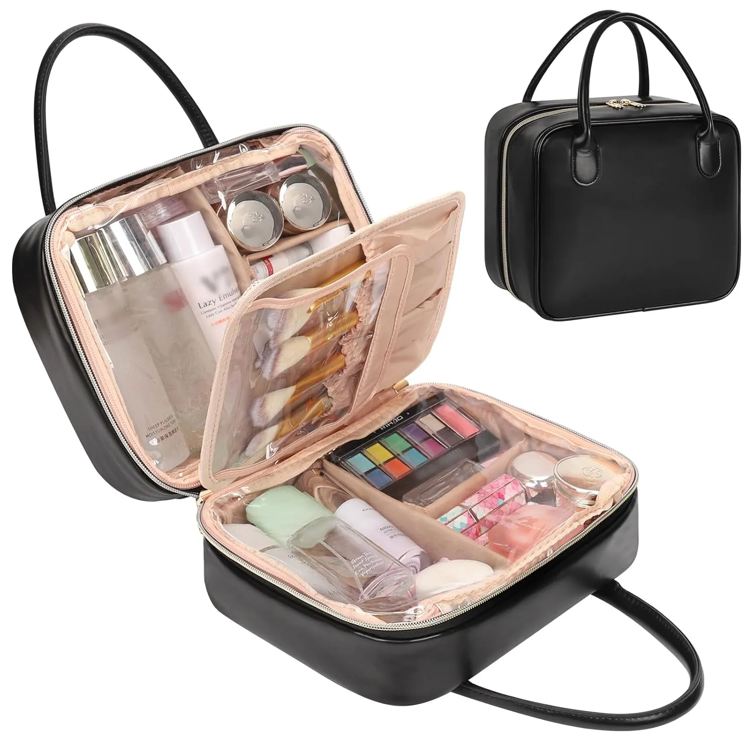 Travel Makeup Bag, Large Capacity Cosmetic Bag, Portable Make Up Bag Organizer for Women, Waterproof Cosmetic Travel Bag with Dividers and Brush Compartment for Cosmetics & Toiletries