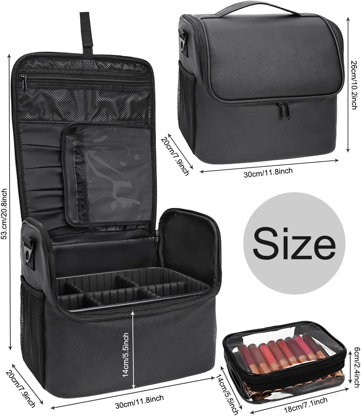 Travel Makeup Bag, Tattoo Case with 4 Inner Removable Pouches, Professional Cosmetic Case Makeup Artist Bag Organizer Box with Adjustable Dividers (Medium, Black)