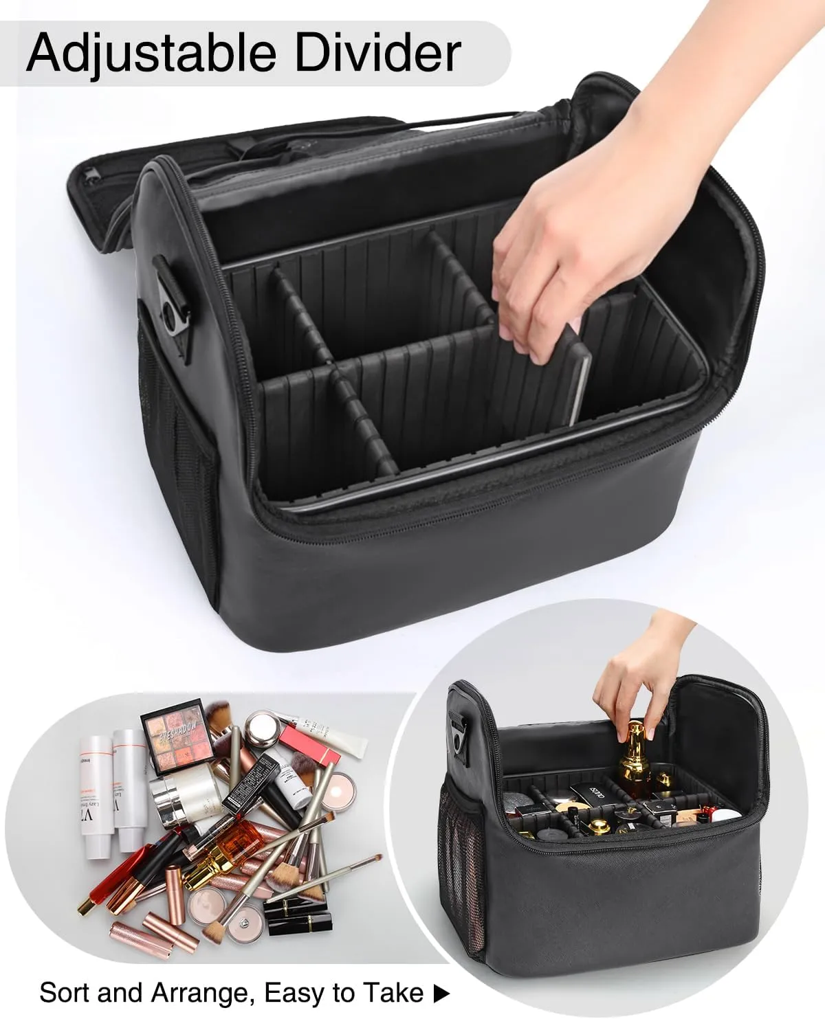Travel Makeup Bag, Tattoo Case with 4 Inner Removable Pouches, Professional Cosmetic Case Makeup Artist Bag Organizer Box with Adjustable Dividers (Medium, Black)