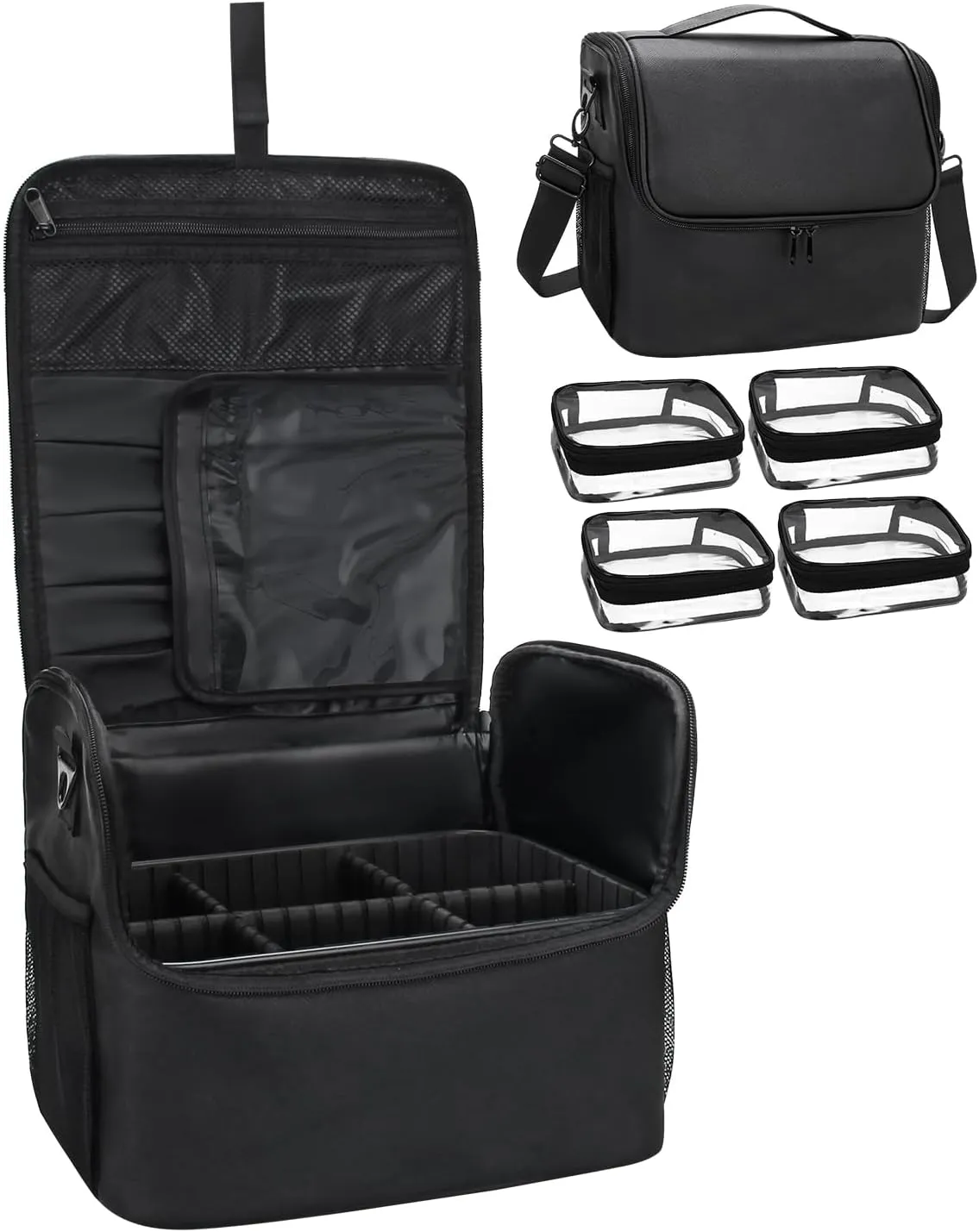 Travel Makeup Bag, Tattoo Case with 4 Inner Removable Pouches, Professional Cosmetic Case Makeup Artist Bag Organizer Box with Adjustable Dividers (Medium, Black)
