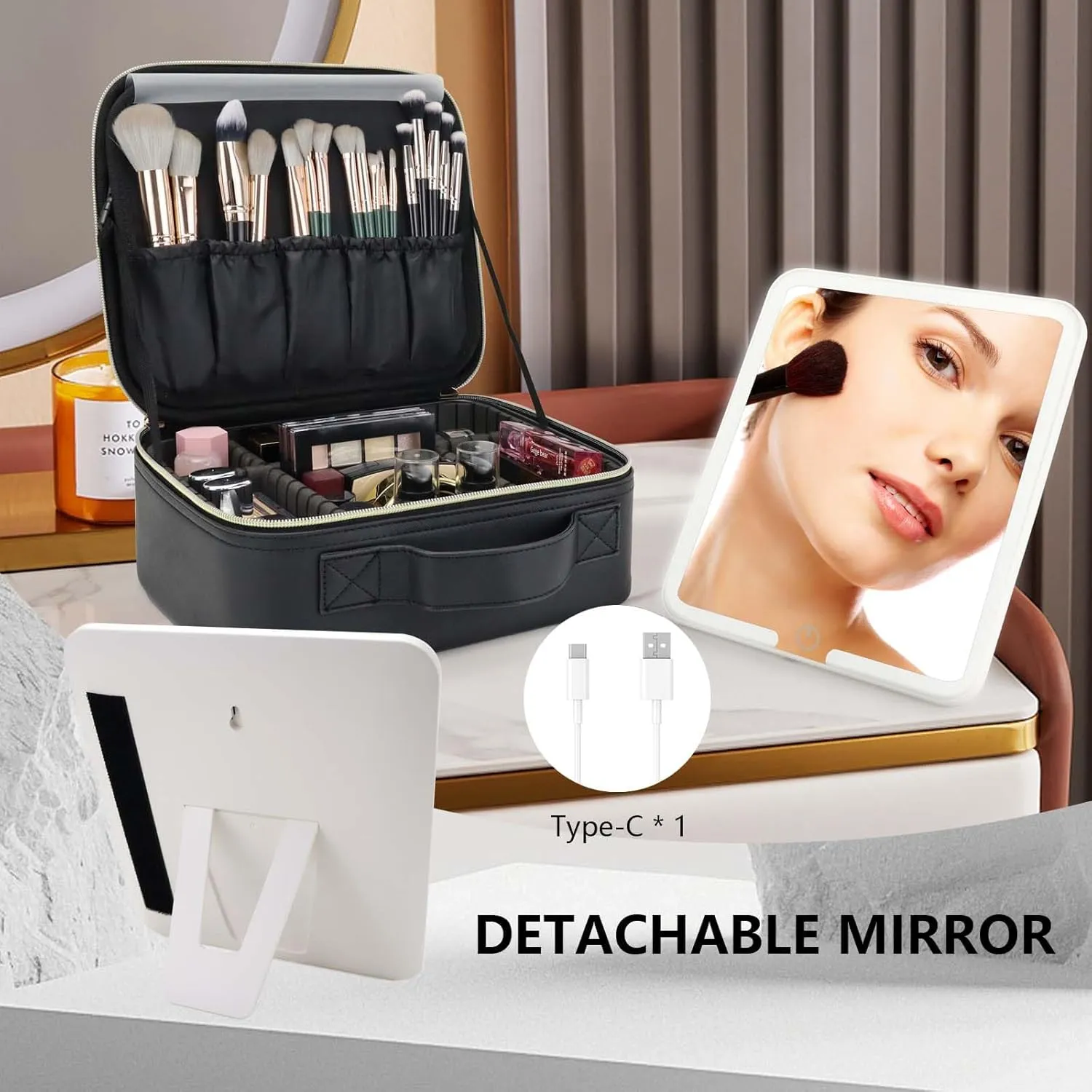 Travel Makeup Bag with LED Mirror Travel Makeup Organizer with 3 Lighted Settings, Adjustable Dividers and Makeup Brush Storage Bag Black