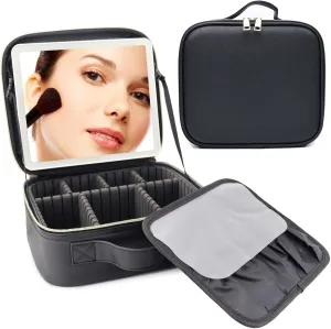 Travel Makeup Bag with LED Mirror Travel Makeup Organizer with 3 Lighted Settings, Adjustable Dividers and Makeup Brush Storage Bag Black