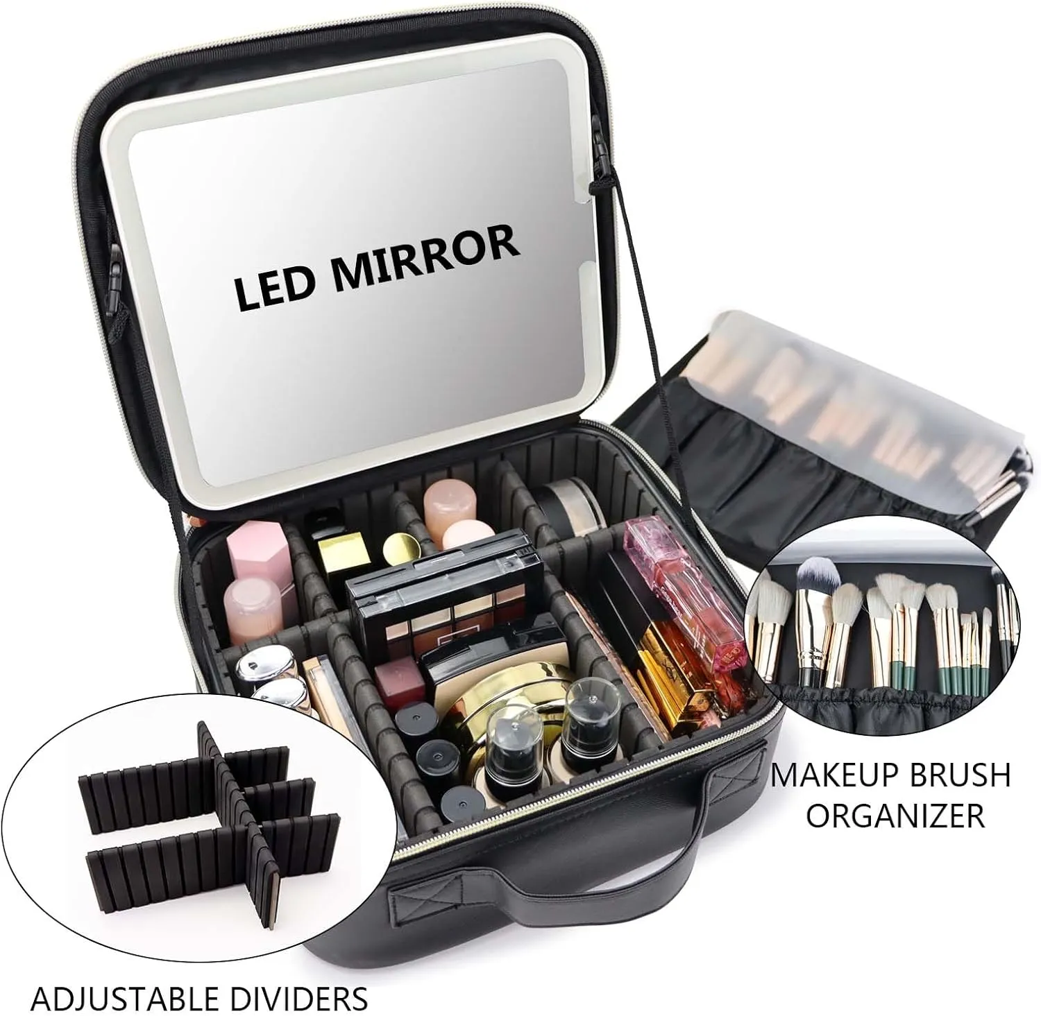 Travel Makeup Bag with LED Mirror Travel Makeup Organizer with 3 Lighted Settings, Adjustable Dividers and Makeup Brush Storage Bag Black