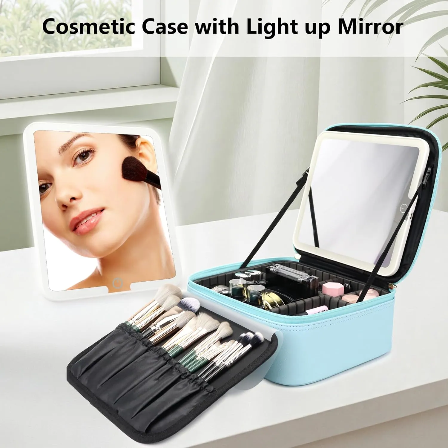 Travel Makeup Bag with LED Mirror Travel Makeup Organizer with 3 Lighted Settings, Adjustable Dividers and Makeup Brush Storage Bag Light Blue