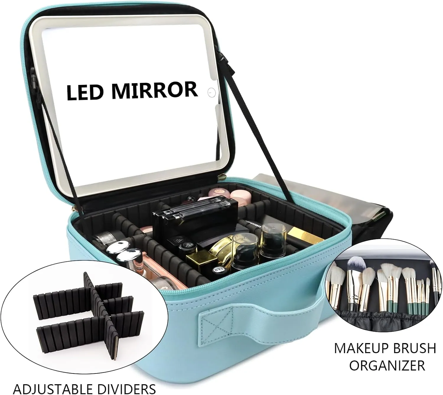 Travel Makeup Bag with LED Mirror Travel Makeup Organizer with 3 Lighted Settings, Adjustable Dividers and Makeup Brush Storage Bag Light Blue