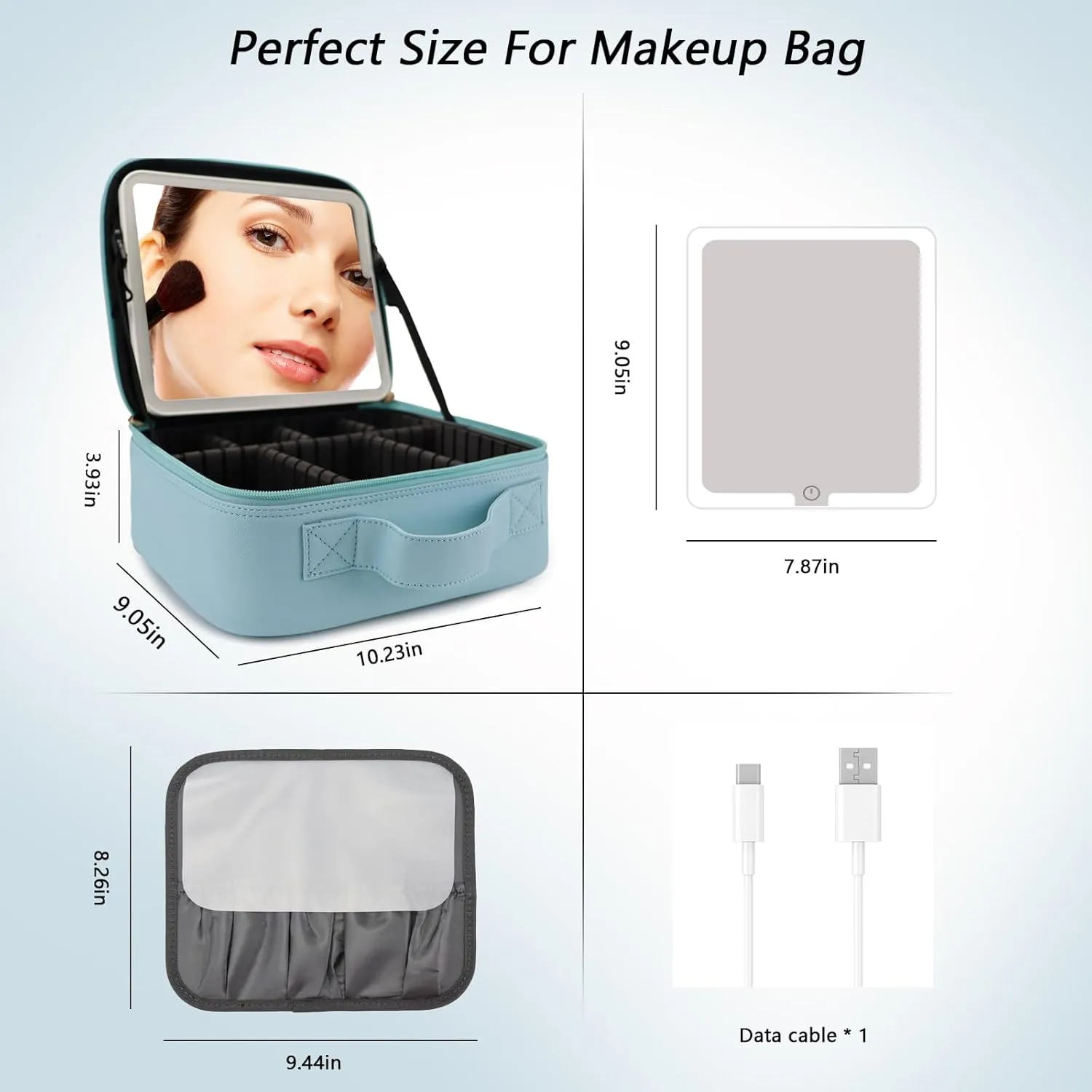 Travel Makeup Bag with LED Mirror Travel Makeup Organizer with 3 Lighted Settings, Adjustable Dividers and Makeup Brush Storage Bag Light Blue