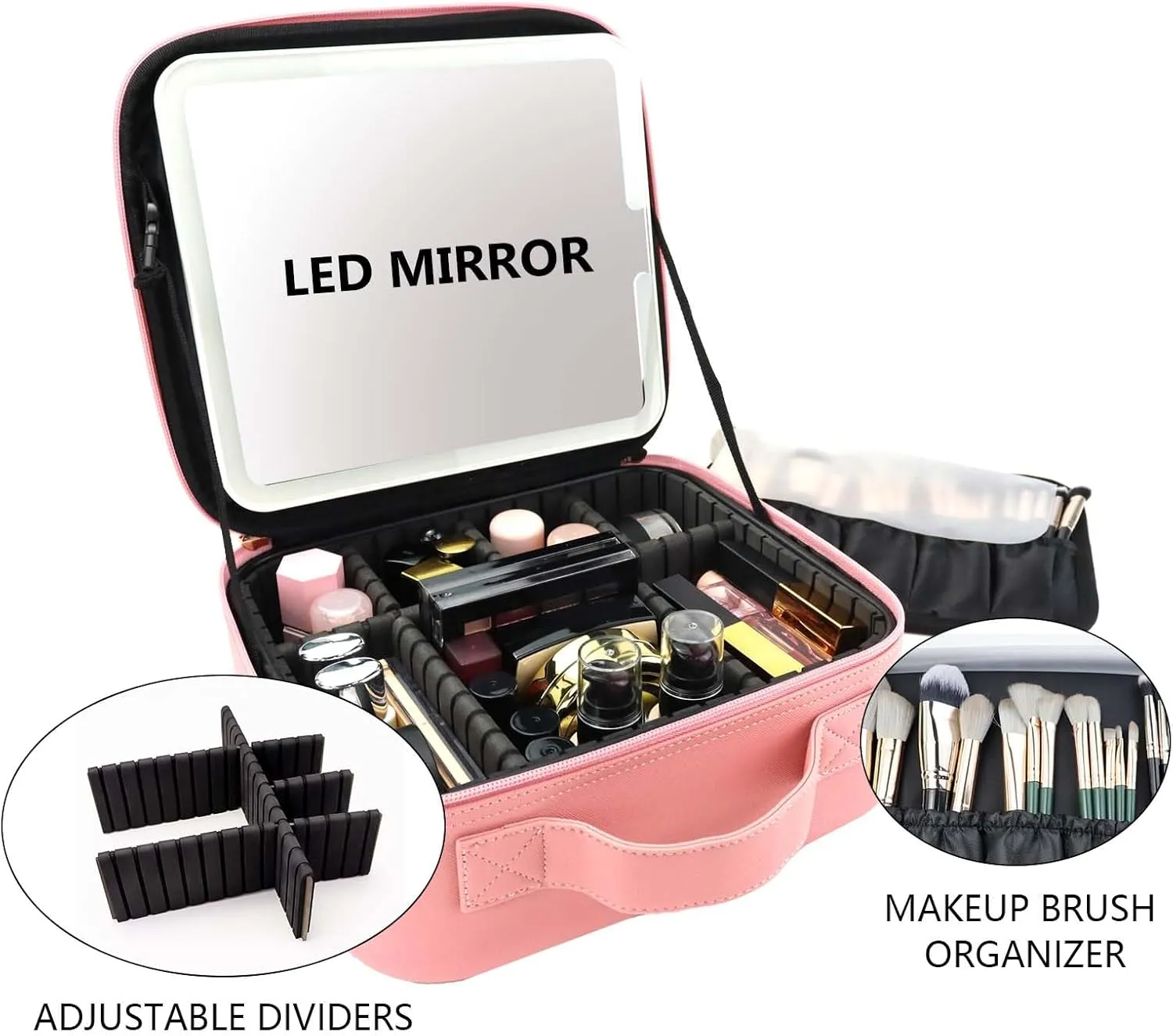 Travel Makeup Bag with LED Mirror Travel Makeup Organizer with 3 Lighted Settings, Adjustable Dividers and Makeup Brush Storage Bag Pink