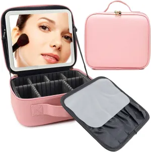 Travel Makeup Bag with LED Mirror Travel Makeup Organizer with 3 Lighted Settings, Adjustable Dividers and Makeup Brush Storage Bag Pink