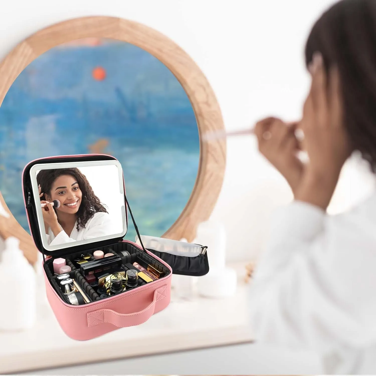 Travel Makeup Bag with LED Mirror Travel Makeup Organizer with 3 Lighted Settings, Adjustable Dividers and Makeup Brush Storage Bag Pink