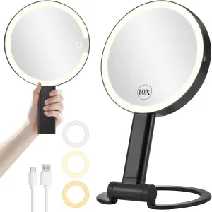 Travel Makeup Mirror with Lights, Rechargeable 1X/10X Magnifying Mirror with Light, Portable Double Sided Lighted Vanity Mirror with 3 Color Dimmable Lights, Hand Held Mirror Hanging Tabletop