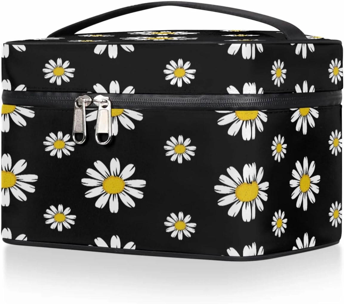 Travel Makeup Bag, Daisy Floral Cosmetic Bag for Women Girls, Portable Large Toiletry Bag Case Organizer for Toiletries Accessories Brushes