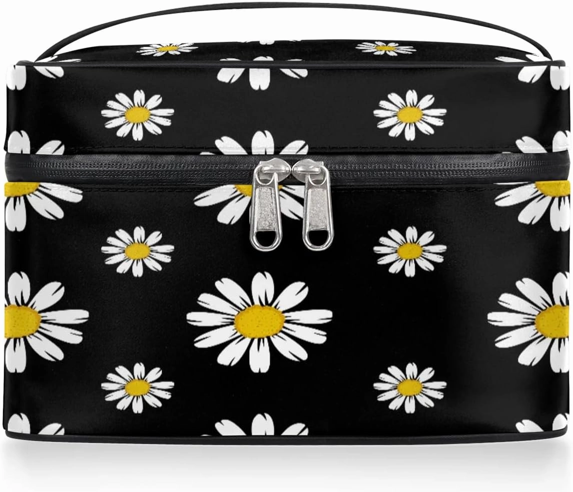 Travel Makeup Bag, Daisy Floral Cosmetic Bag for Women Girls, Portable Large Toiletry Bag Case Organizer for Toiletries Accessories Brushes