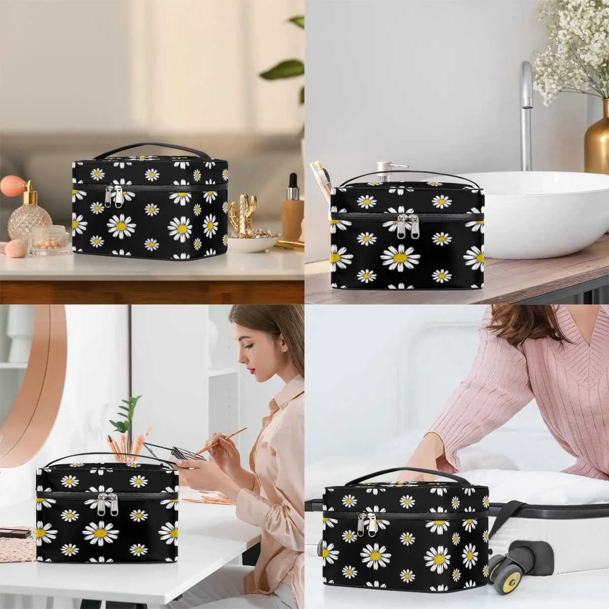 Travel Makeup Bag, Daisy Floral Cosmetic Bag for Women Girls, Portable Large Toiletry Bag Case Organizer for Toiletries Accessories Brushes
